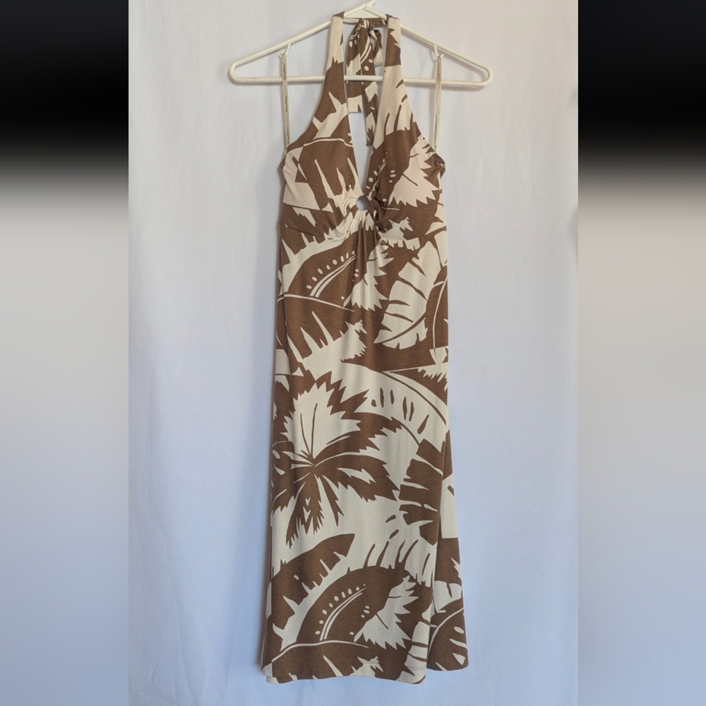 Tommy Bahama Halter Brown Tropical Vacation Dress Knee Length Summer